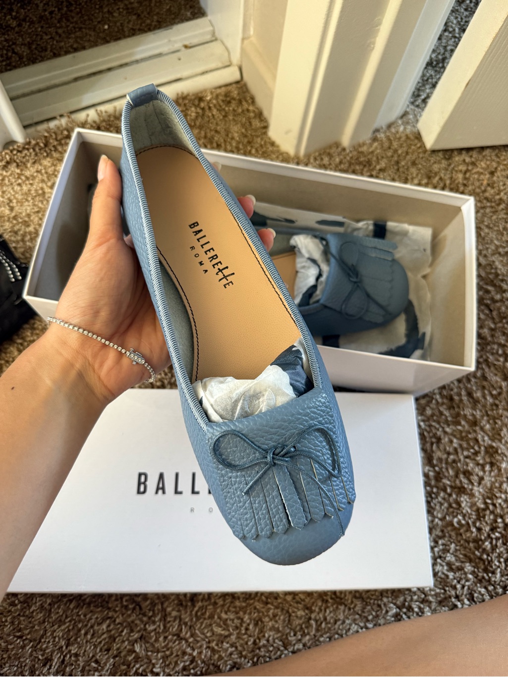 Women’s Powder Blue Leather Ballet Flats With Fringe Bow — image 4 of 6
